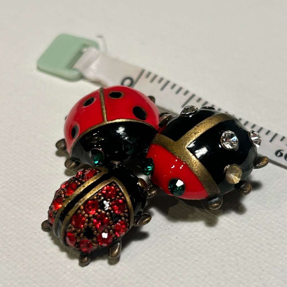 Red and Black, Gold Steel Triple Ladybug Jewelry Brooch.